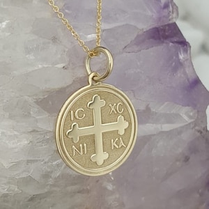 14k Solid Gold Constantine Coin Necklace, Byzantine ICXC NIKA Cross Pendant, 14k Greek Disc Necklaces For Women, Protection Religious Charm