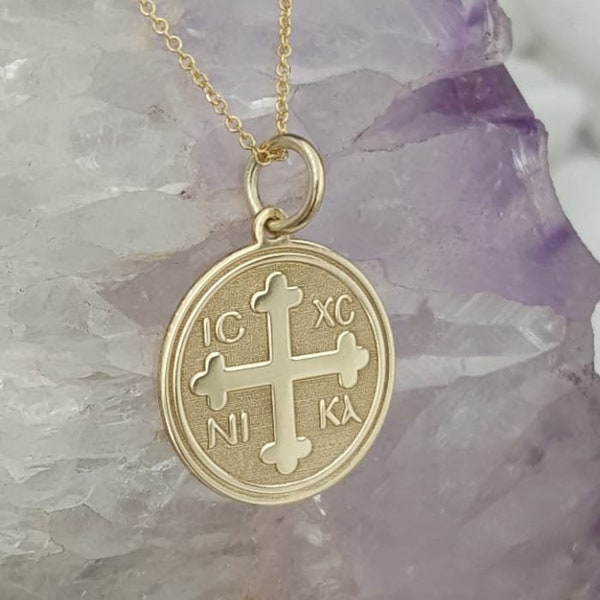 14k Solid Gold Constantine Coin Necklace, Byzantine ICXC NIKA Cross Pendant, 14k Greek Disc Necklaces For Women, Protection Religious Charm