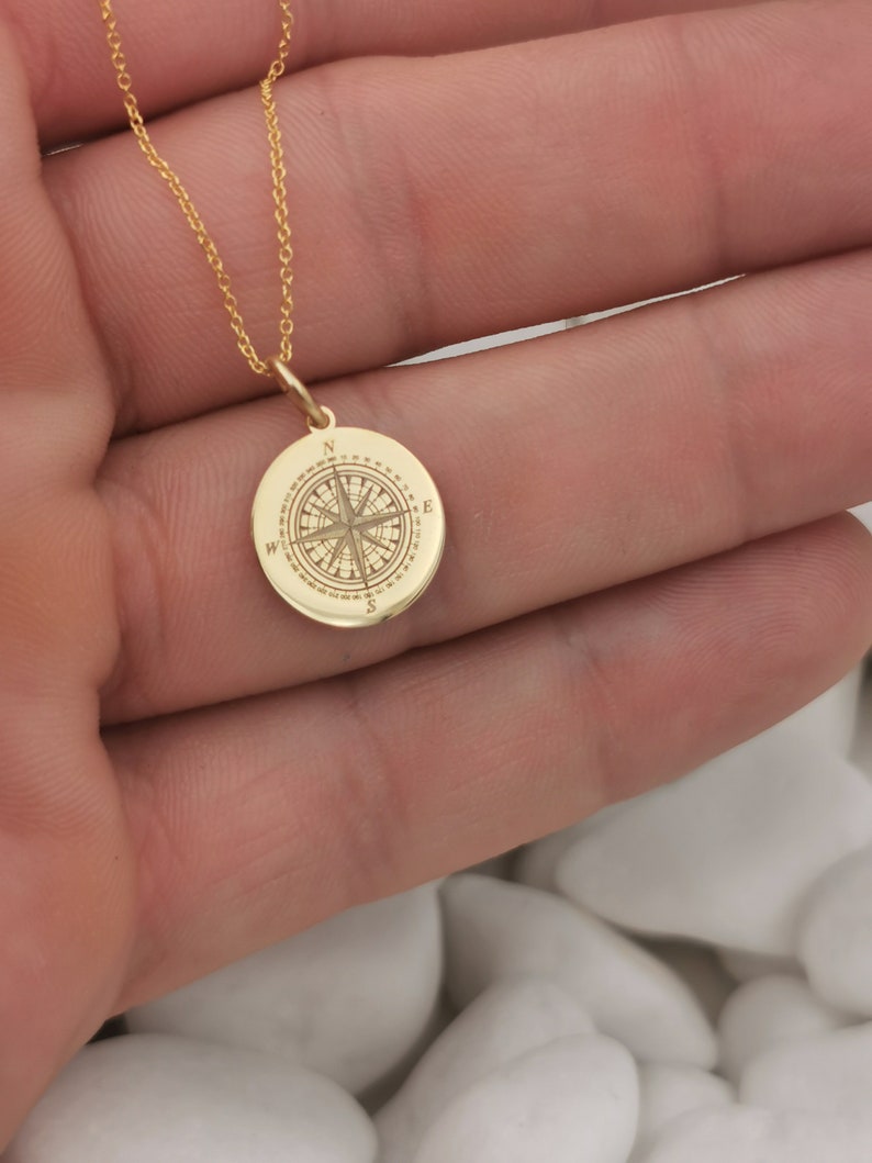 14K Solid Gold Compass Necklace Compass Jewelry Compass Etsy