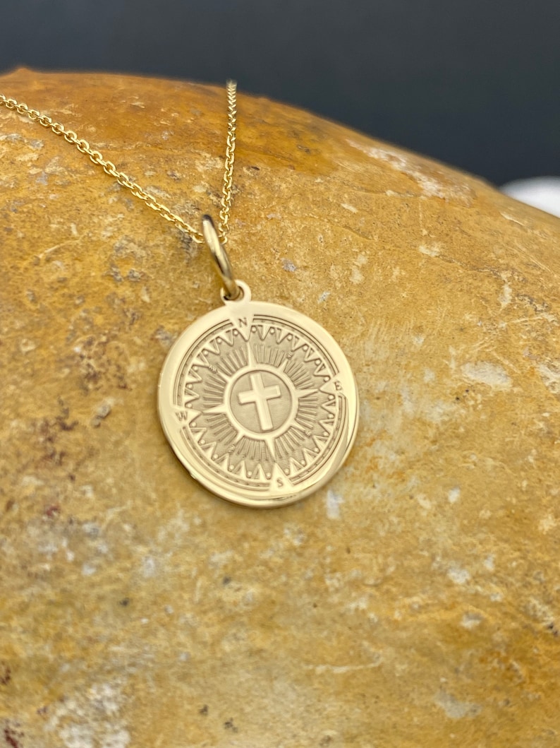 Dainty 14k Solid Gold Cross Compass Pendant, Personalized Compass With ...