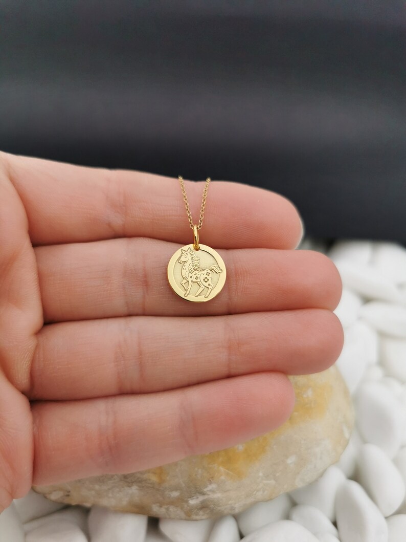 Dainty 14k Solid Gold Horse Zodiac Necklace, Personalized Horse Zodiac Pendant, Chinese Zodiac Pendant, Year of the Horse image 3