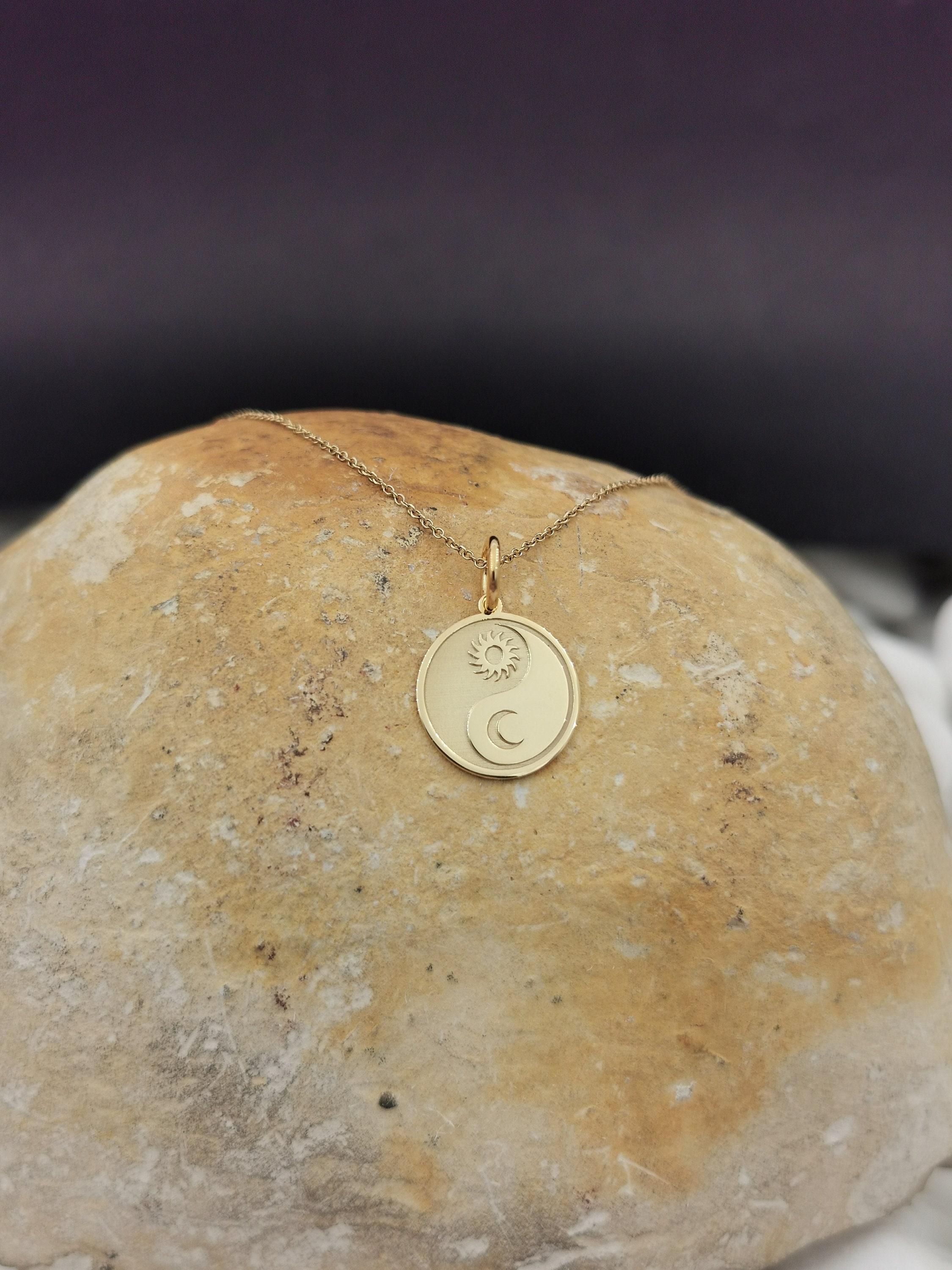 14k Solid Gold Yin Yang Necklace: Personalized Sun Moon Pendant
