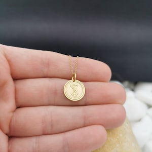 May include: A gold chain necklace with a round pendant featuring a Norse symbol. The pendant is about 1 inch in diameter.