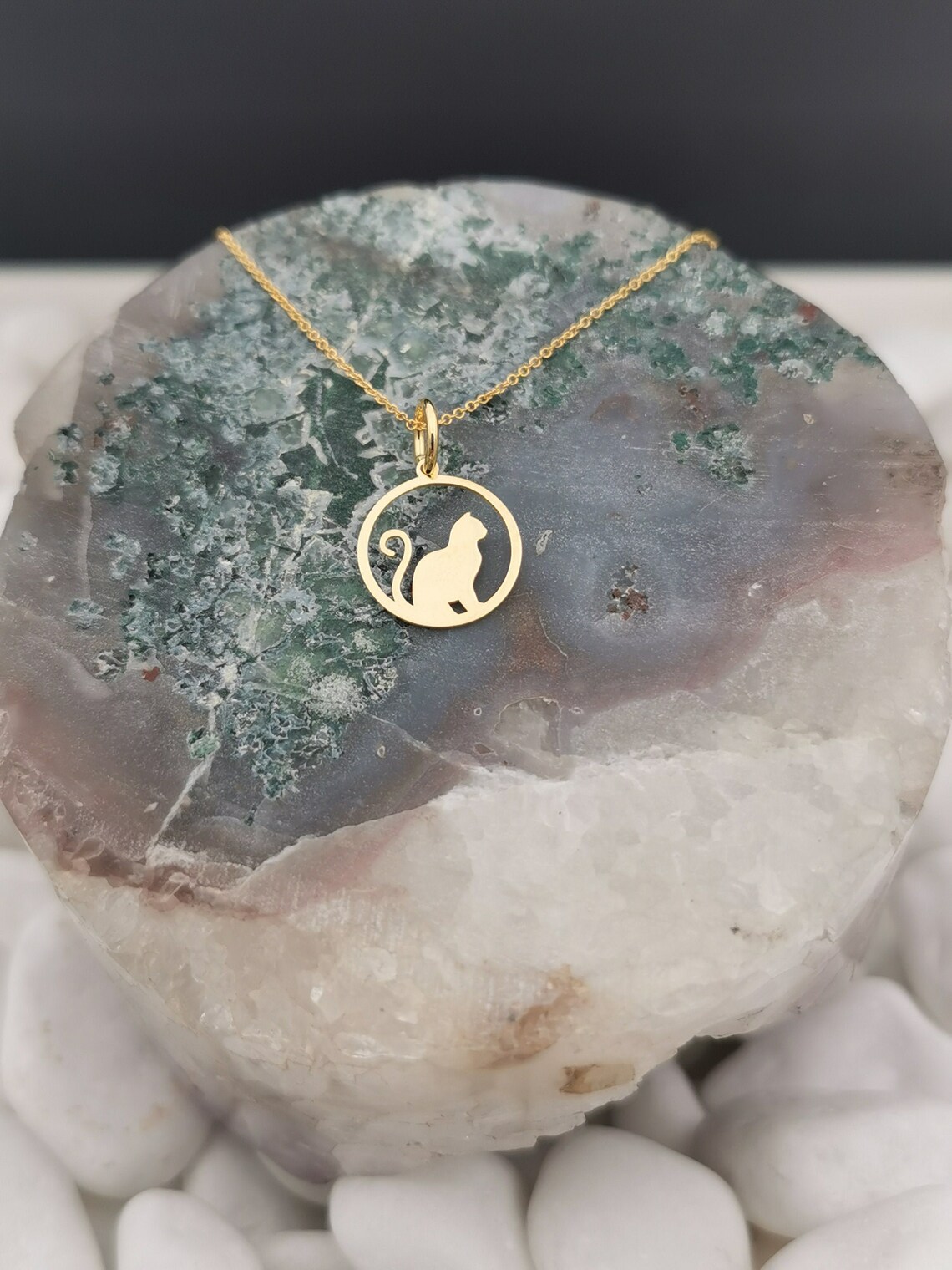 Dainty Gold Cat Necklace 14K Solid Gold Cat Pendant Etsy