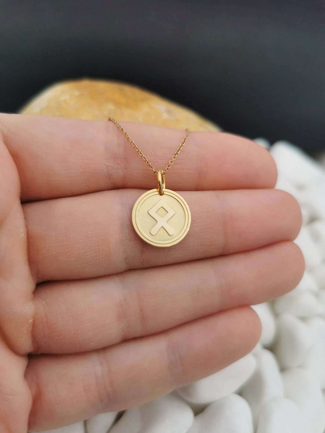 Dainty 14k Solid Gold Homeland Rune Necklace, Personalized Othala Rune ...