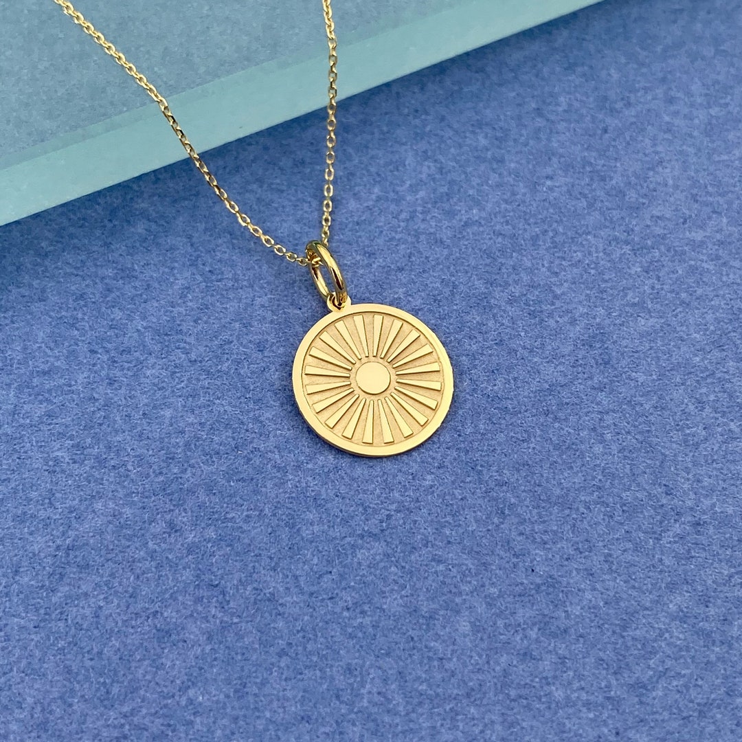 Dainty 14k Solid Gold Sun Necklace, Personalized Sun Pendant, Sun Coin