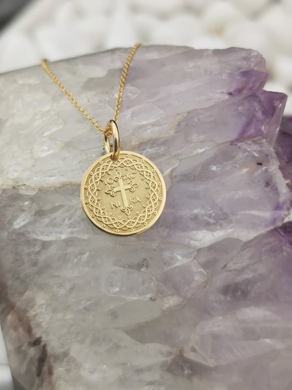 Personalized 14k Solid Gold Dainty Cross Coin Necklace for Protection Greek Orthodox Jewelry ICXC NIKA Coin Pendant Baptism Gift for Girl Etsy Canada