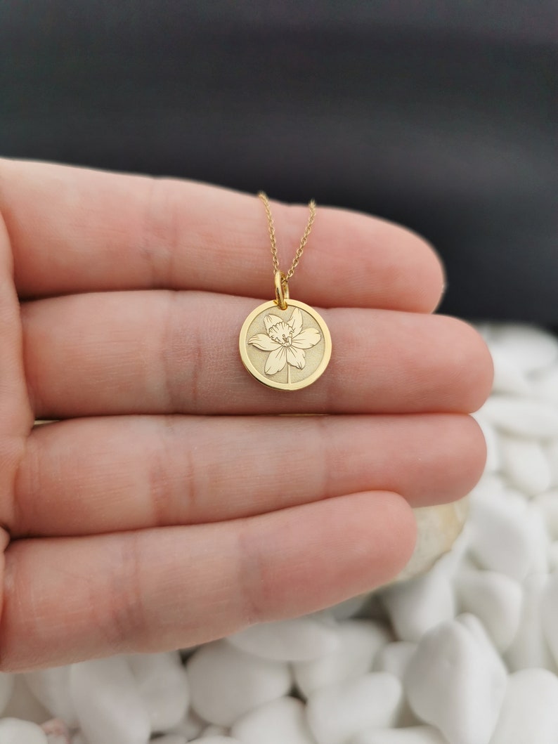 Dainty 14k Solid Gold Daffodil Flower Necklace, Personalized Daffodil Flower Pendant, Gold Daffodil Flower Coin, Flower Pendant image 3