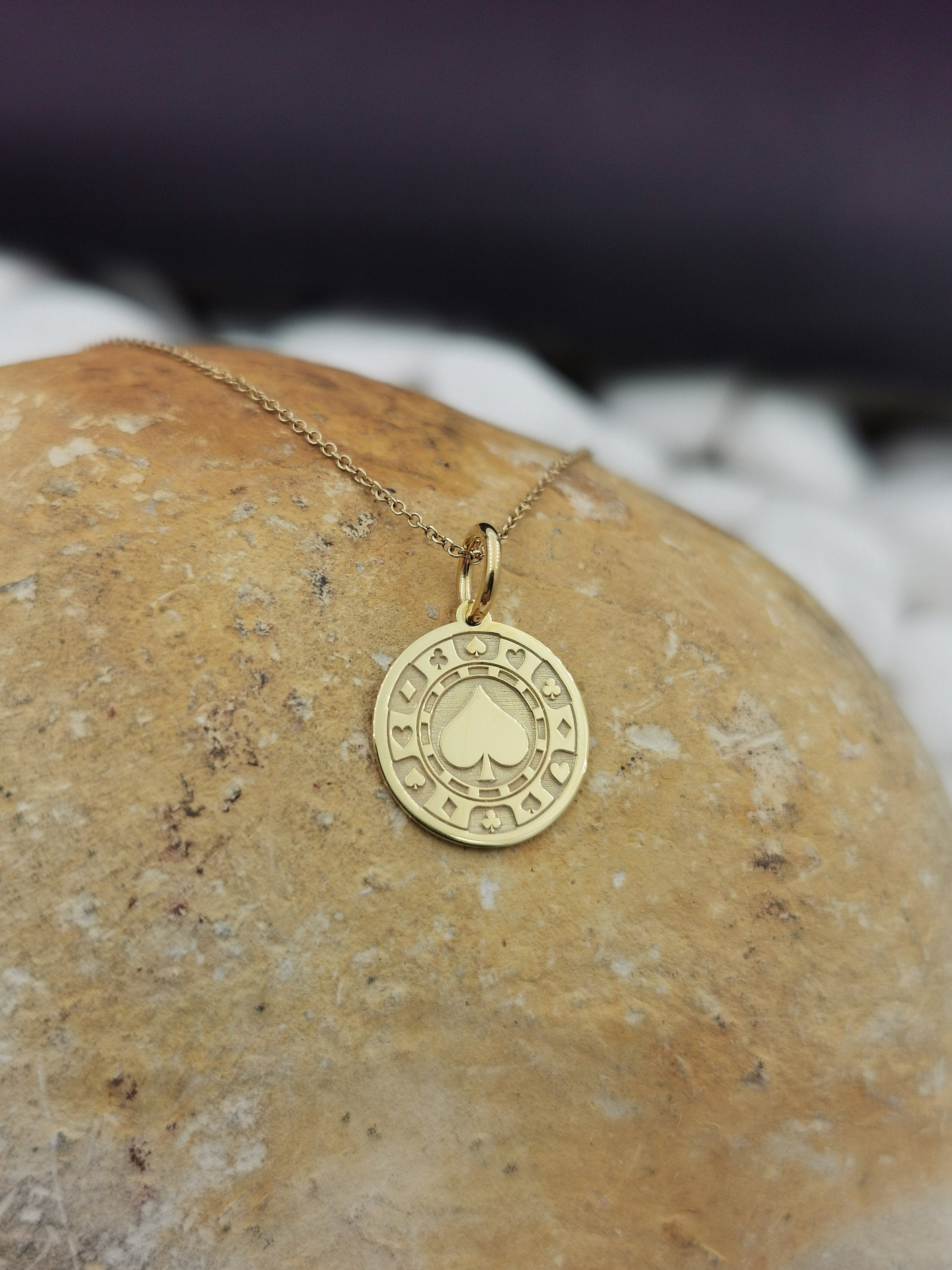 14k Solid Gold Casino Chip Necklace Ace of Spades Neckace Etsy