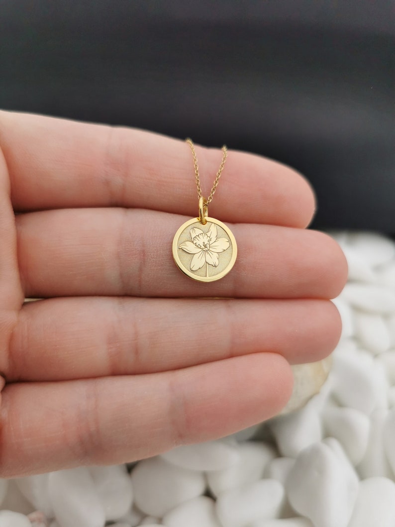 Dainty 14k Solid Gold Daffodil Flower Necklace, Personalized Daffodil Flower Pendant, Gold Daffodil Flower Coin, Flower Pendant image 6