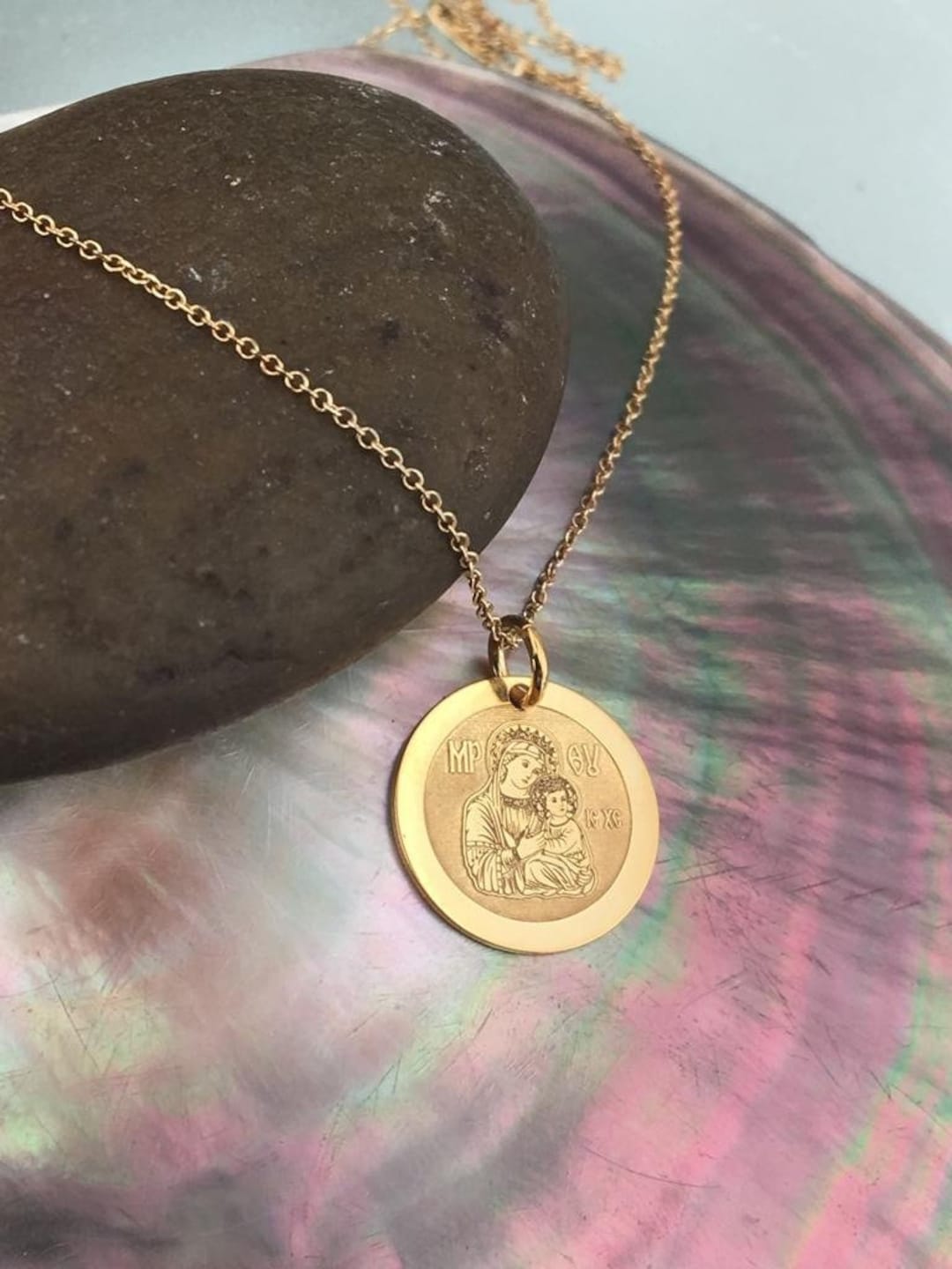 Dainty Virgin Mary Necklace, 14k Solid Gold Mother of God Pendant ...