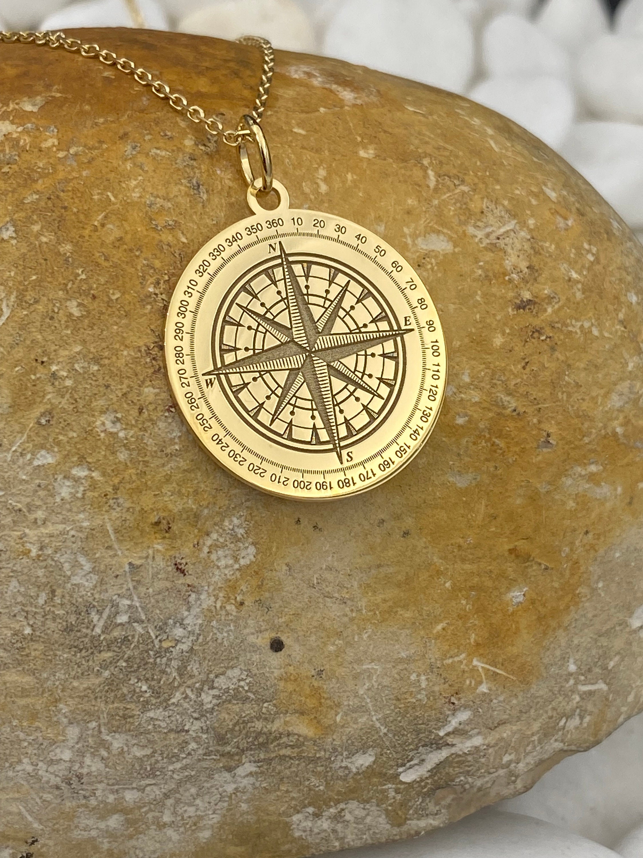 14k Solid Gold Compass Necklace, Personalized Compass Pendant 