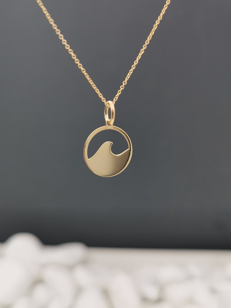 14k Solid Gold Dainty Wave Pendant Everyday Small Gold Disc - Etsy