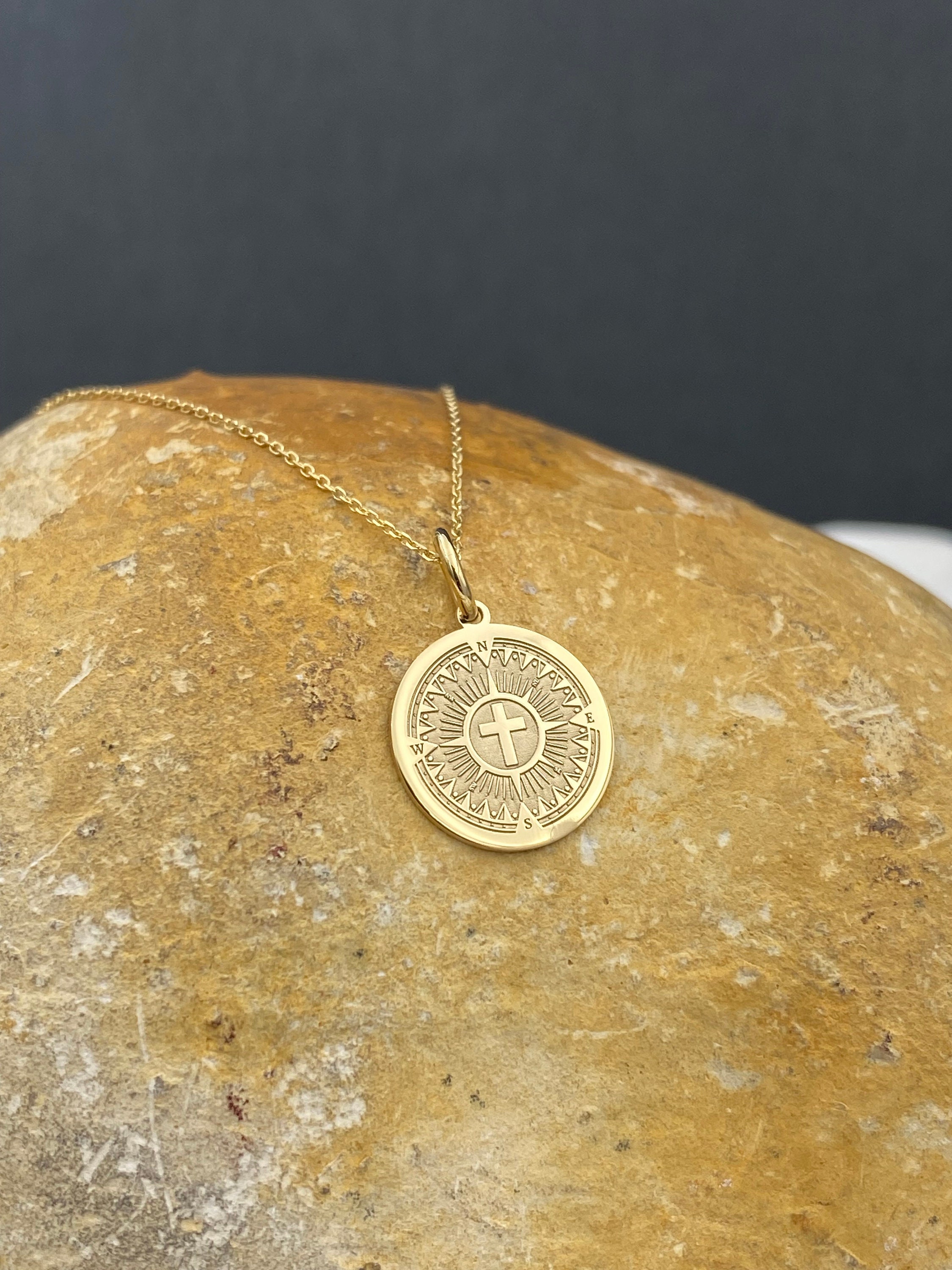 Dainty 14k Solid Gold Cross Compass Pendant, Personalized Compass With ...