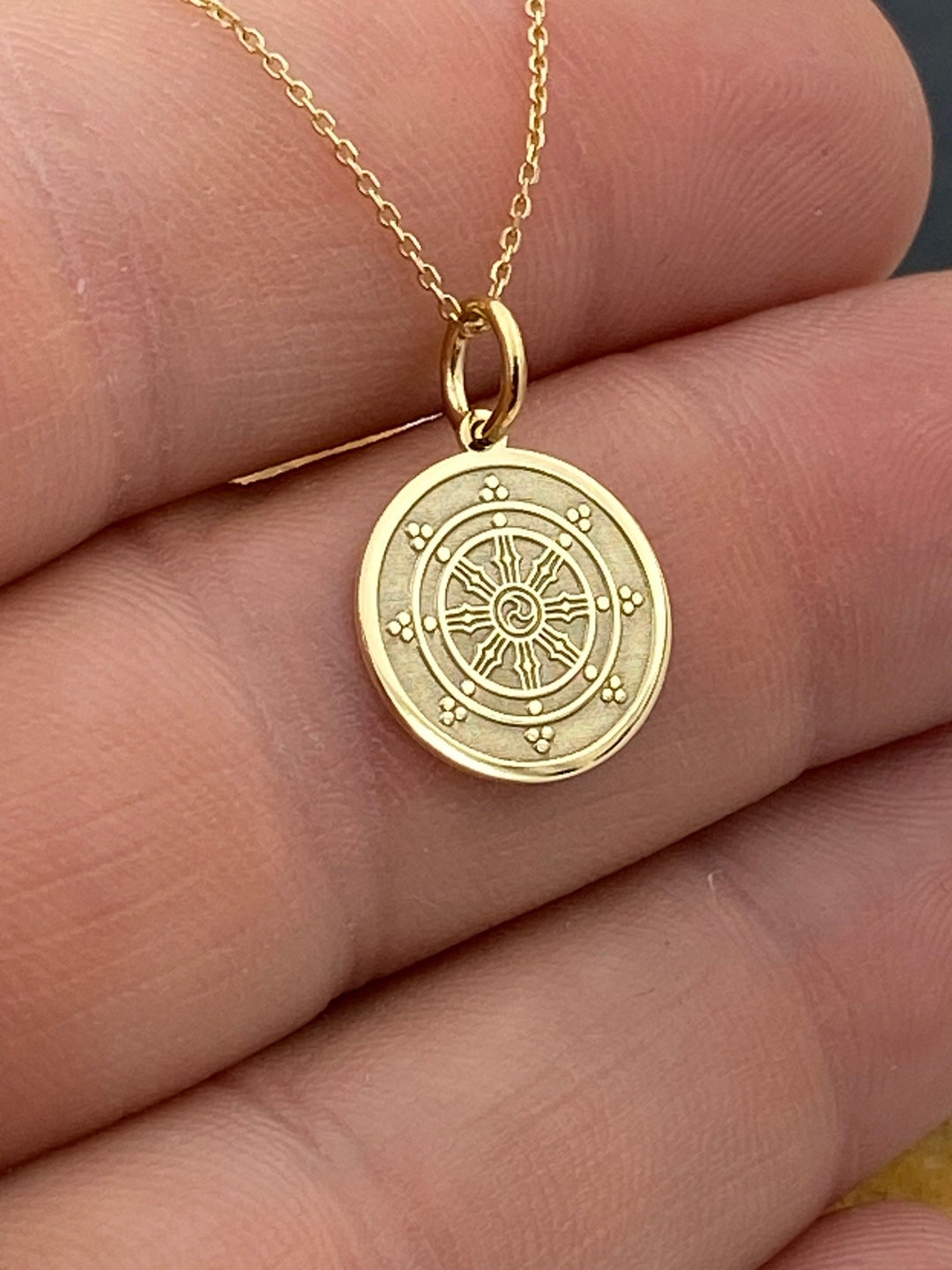Dainty 14k Solid Gold Dharma Chakra Necklace, Personalized Dharma Wheel