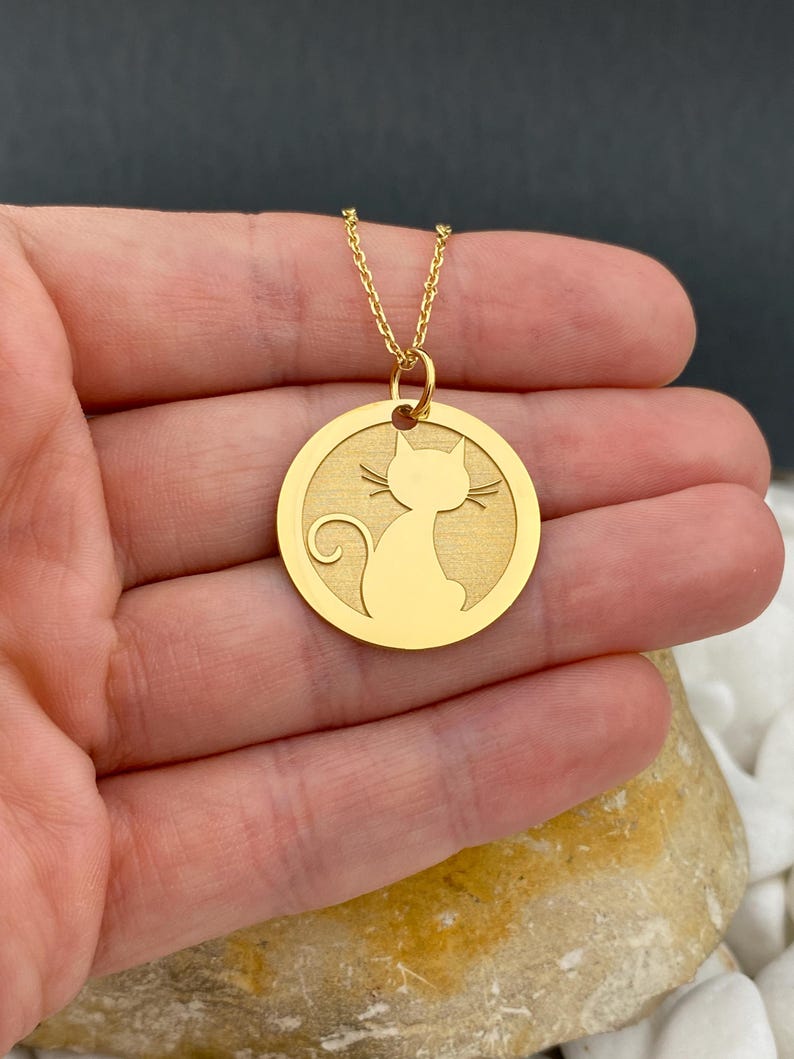 14K Solid Gold Cat Necklace, Personalized Cat Pendant, Cat Jewelry