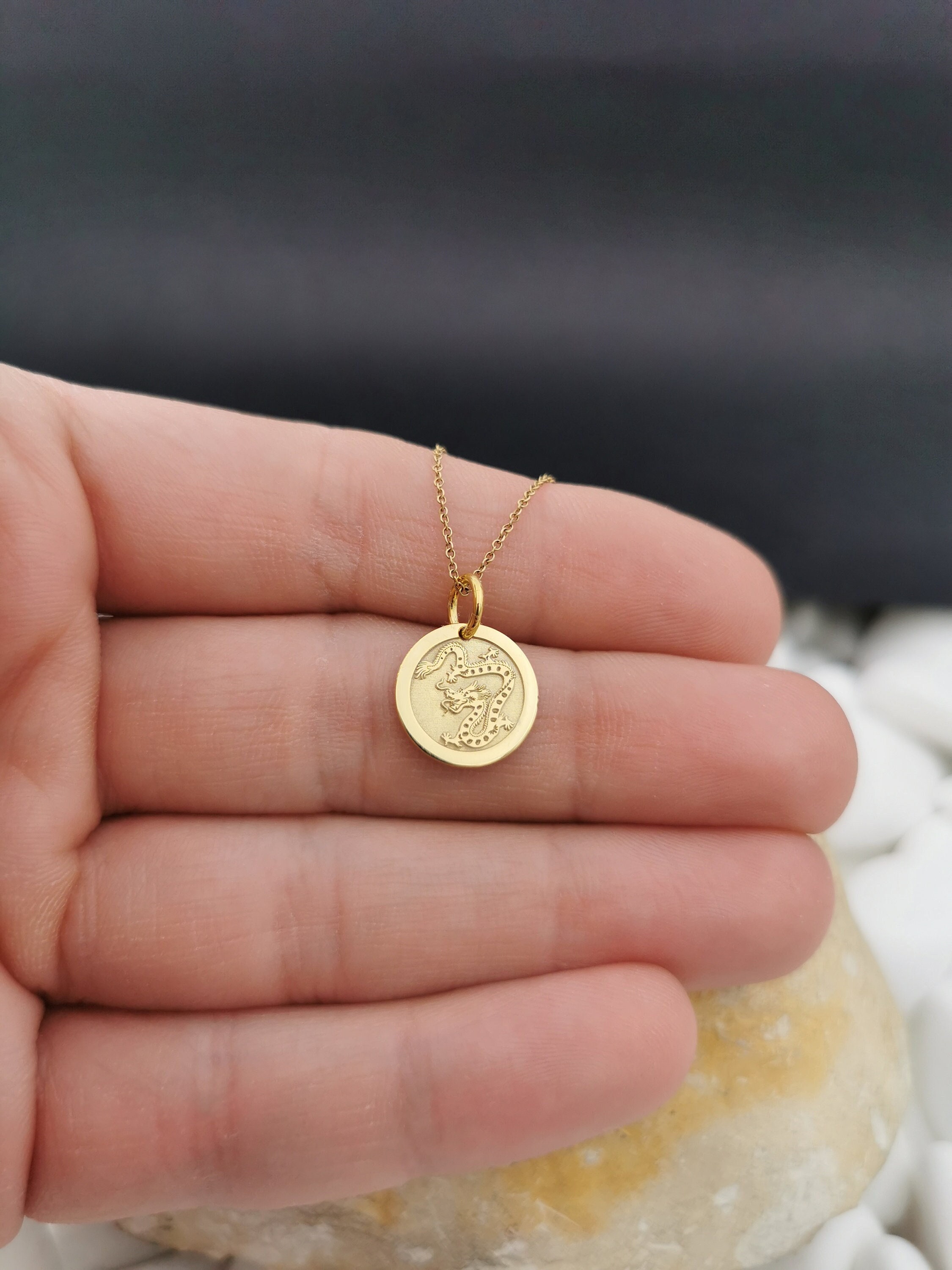 Dainty 14k Solid Gold Dragon Zodiac Necklace, Personalized Dragon Zodiac Pendant, Chinese Zodiac Pendant
