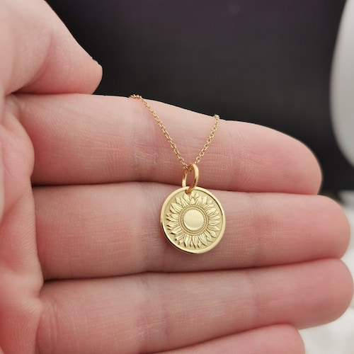 14k Solid Gold Sunflower Pendant Sunflower Charm.floral Etsy