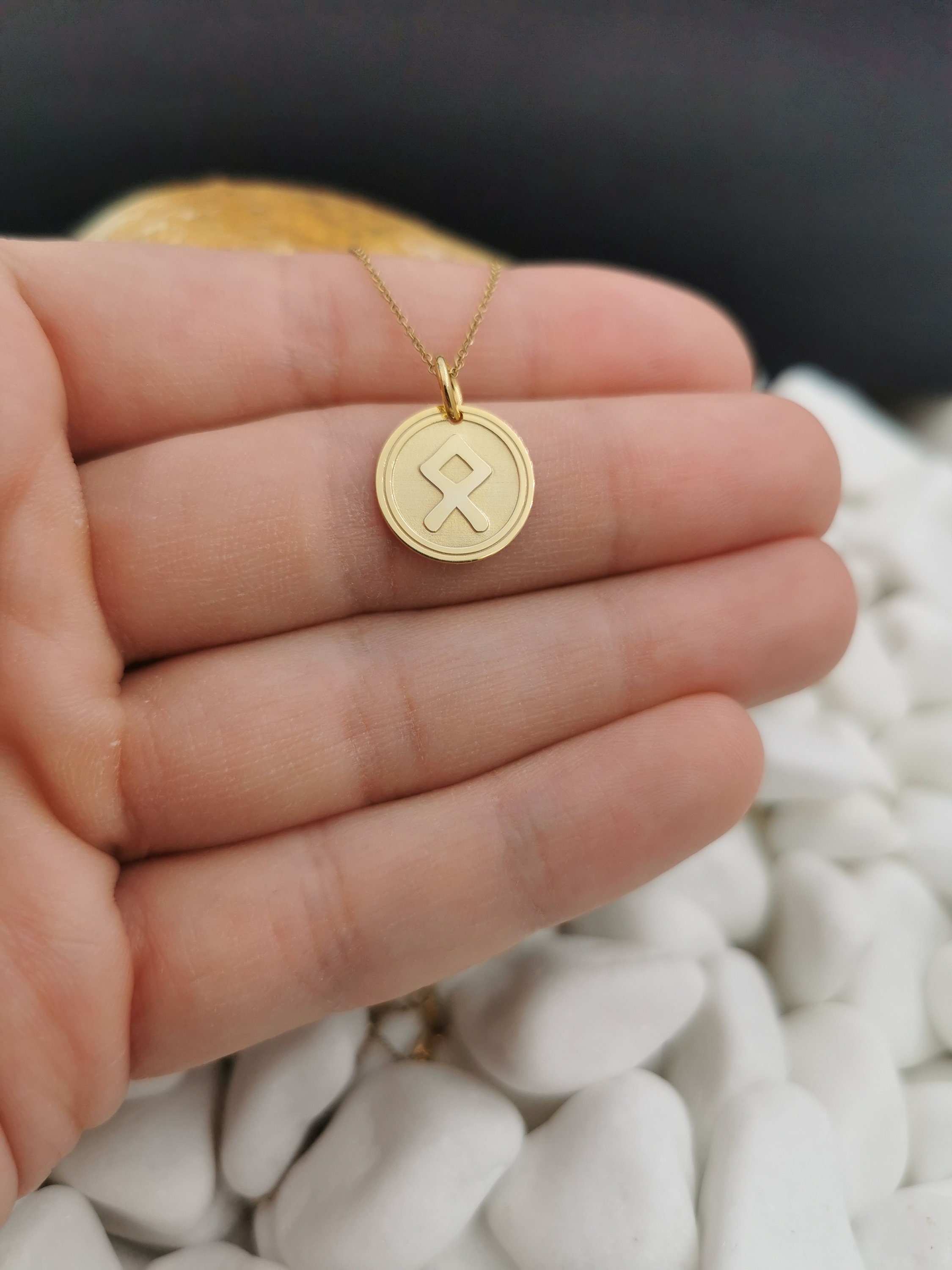 Dainty 14k Solid Gold Homeland Rune Necklace, Personalized Othala Rune ...