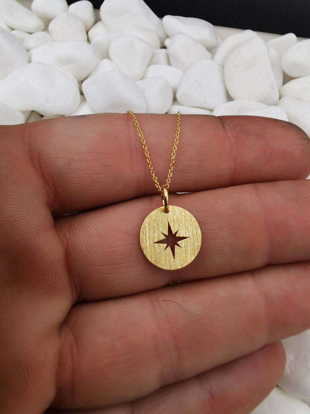 14k Solid Gold North Star Necklace, Dainty True North Pendant, North