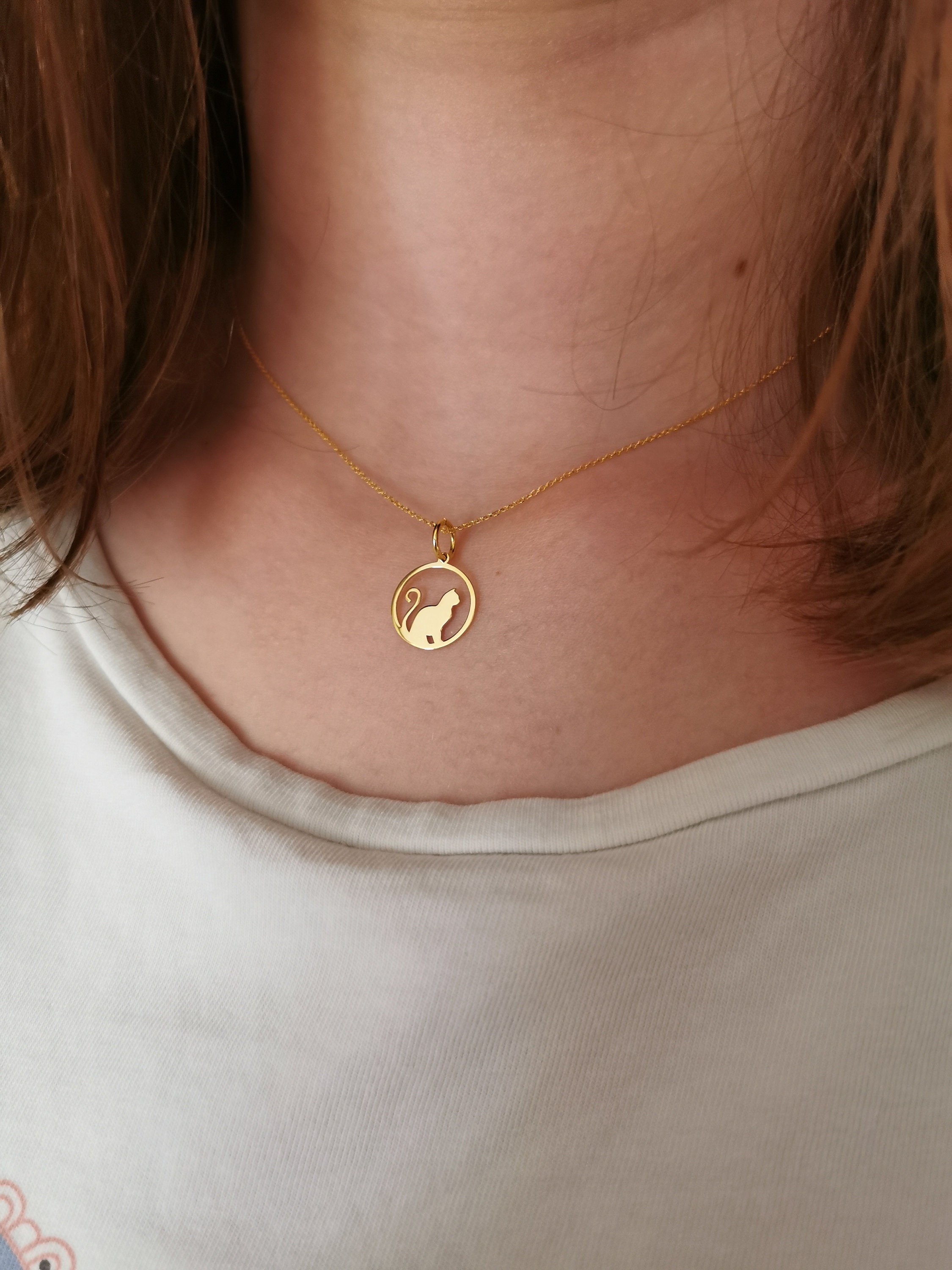 Dainty Gold Cat Necklace 14K Solid Gold Cat Pendant Etsy