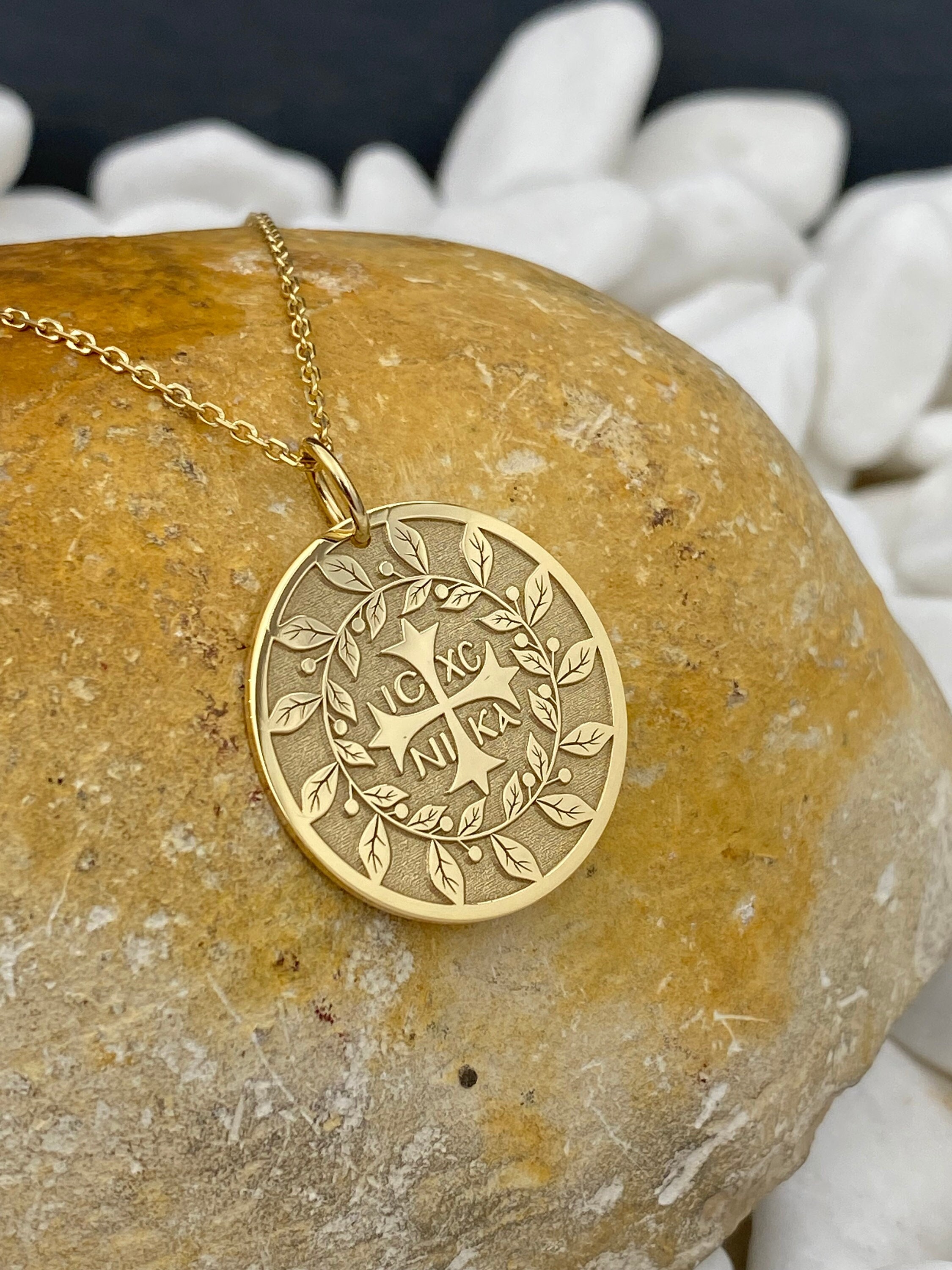14k Solid Gold Cross Coin Necklace, Personalized Cross For Protection, Greek Orthodox Jewelry, ICXC NIKA Coin Pendant, Baptism Gift
