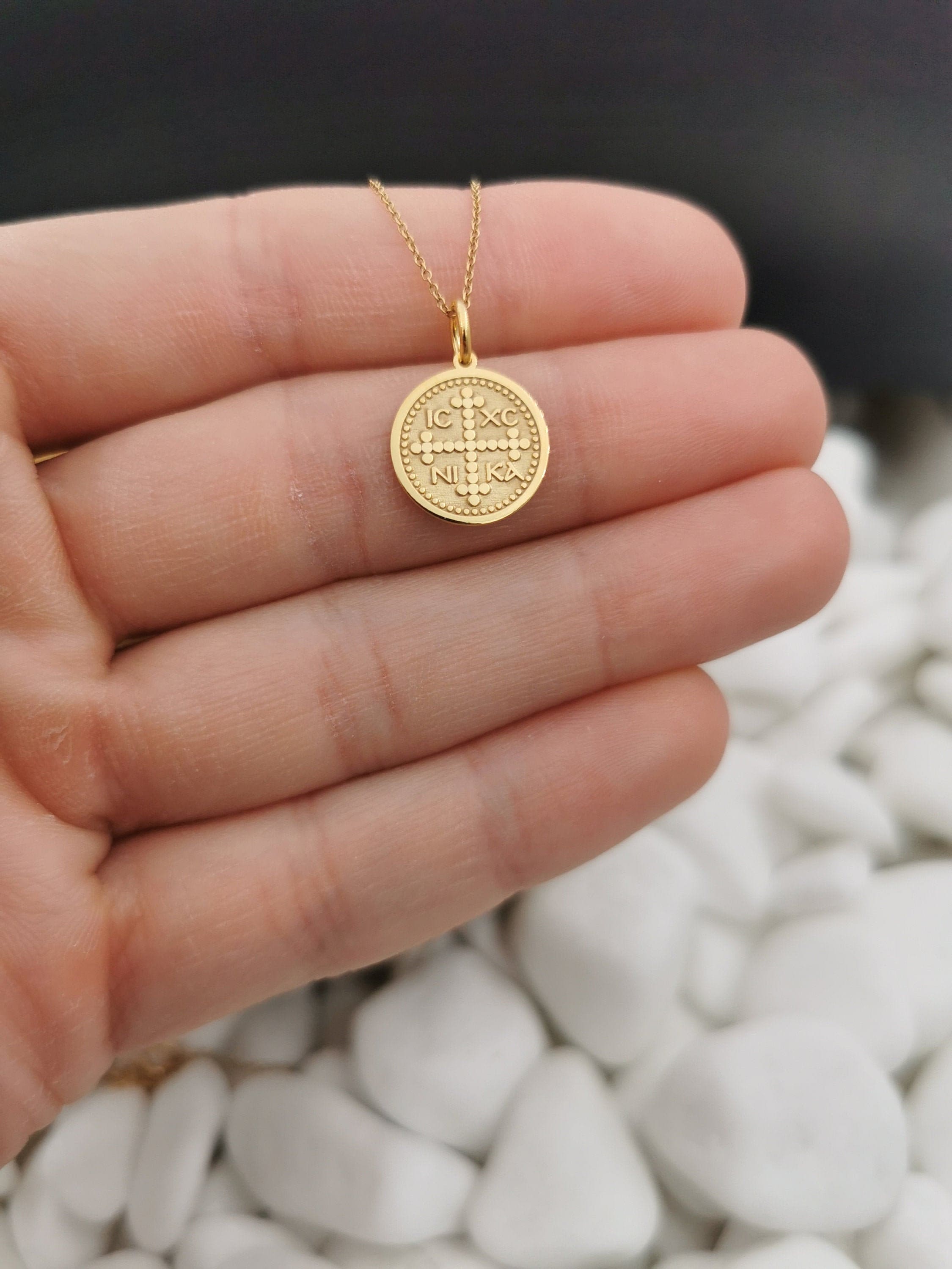 Dainty 14k Solid Gold Byzantine Cross Necklace, Personalized Byzantine Cross Pendant, ICXC NIKA Necklace, Protection Gift