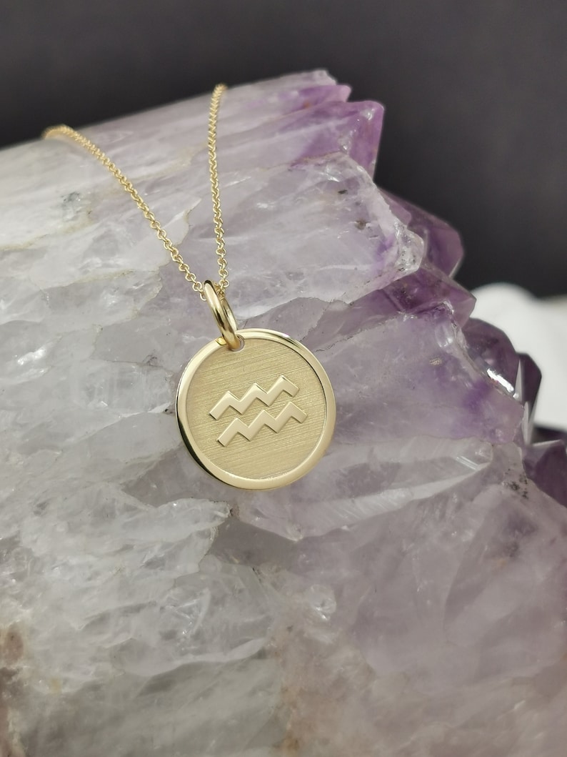 Dainty 14k Solid Gold Aquarius Zodiac Necklace Aquarius Etsy
