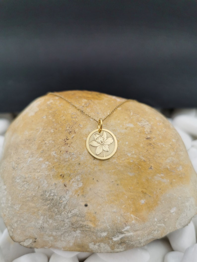 Dainty 14k Solid Gold Daffodil Flower Necklace, Personalized Daffodil Flower Pendant, Gold Daffodil Flower Coin, Flower Pendant image 1