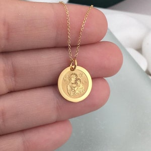 Dainty Virgin Mary Necklace, 14k Solid Gold Mother of God Pendant ...