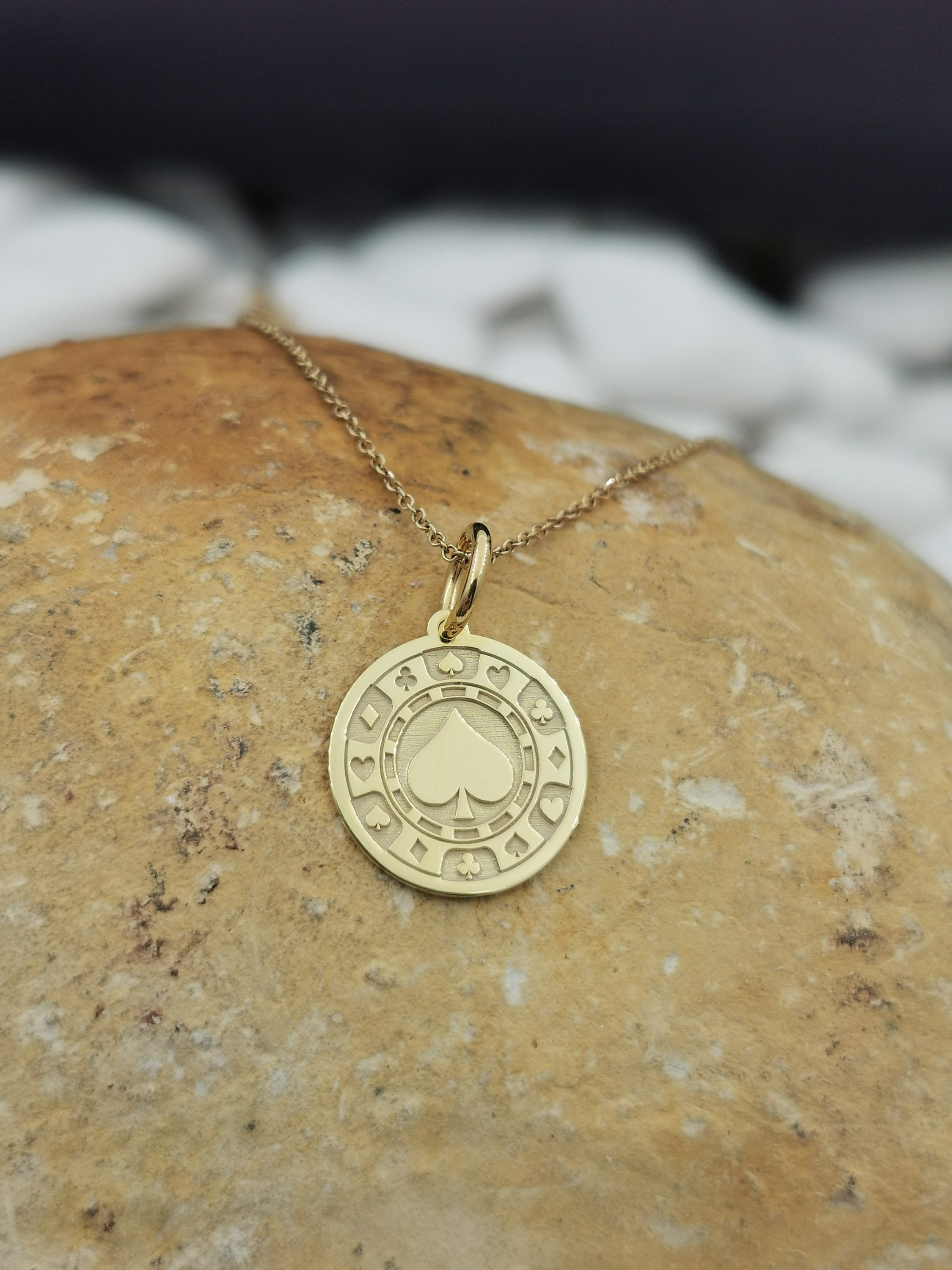 14k Solid Gold Casino Chip Necklace, Ace of Spades Neckace 14k Solid Gold Casino Chip Necklace, Ace of Spades Neckace