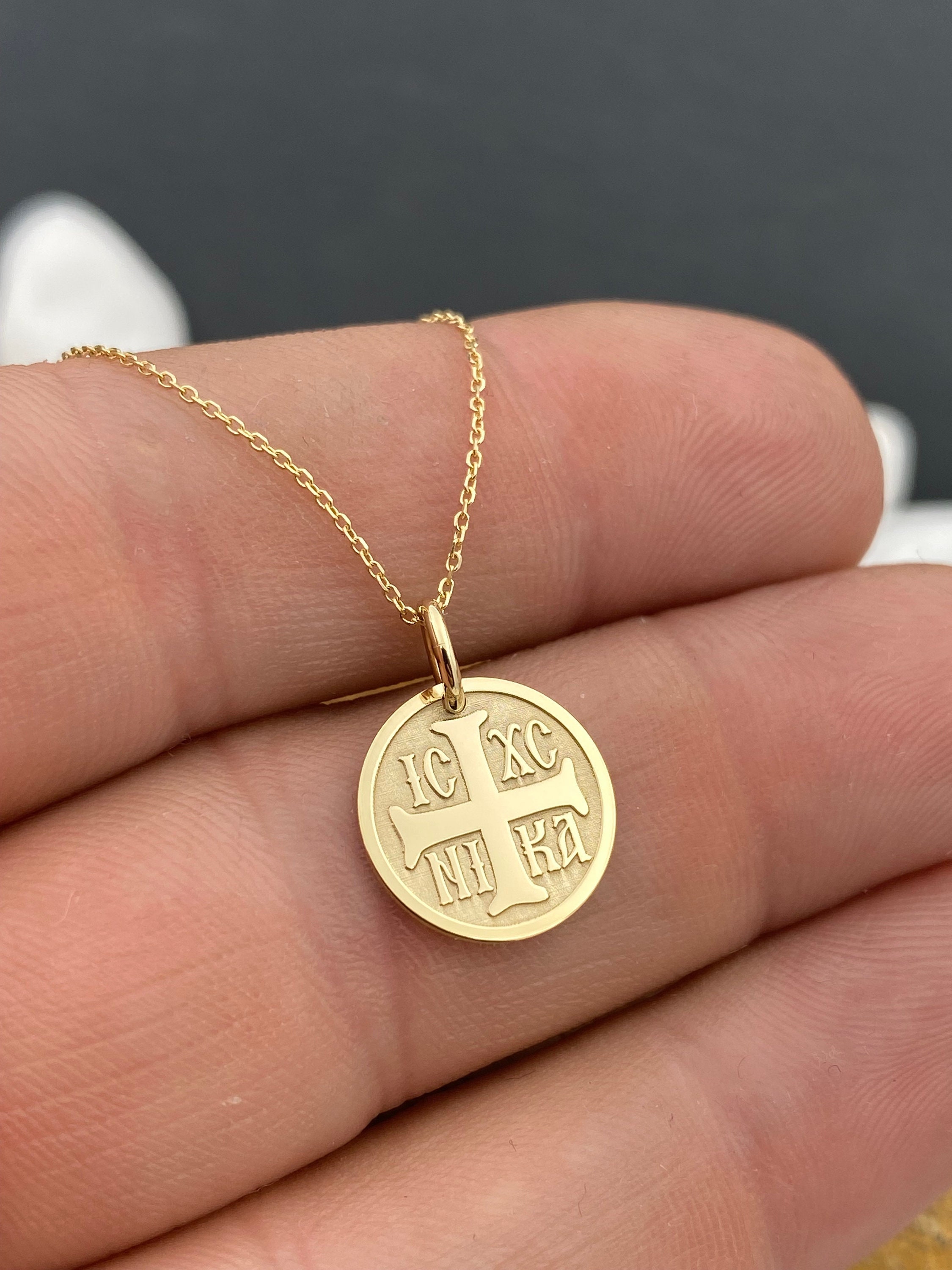 14k Solid Gold Cross Coin Necklace for Protection, Personalized