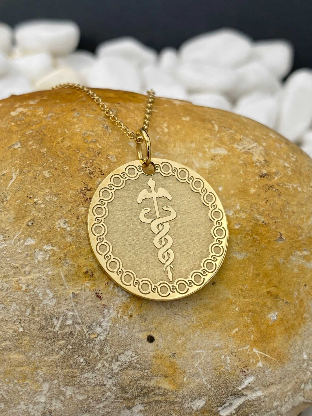 14k Solid Gold Caduceus Symbol Necklace, Personalized Medical ID