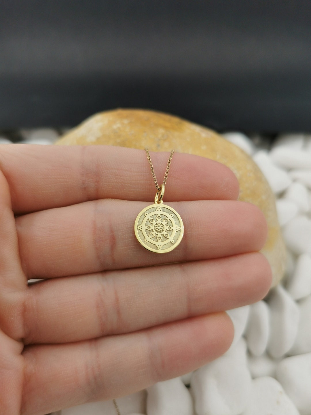 Dainty 14k Solid Gold Dharma Wheel Necklace, Personalized Dharma Wheel