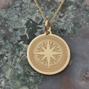 14K Solid Gold Compass Pendant Necklace: Traveler Gift
