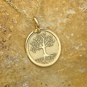 May include: A gold-colored pendant necklace featuring a detailed tree design within a circular frame. The tree has intricate branches and roots. The necklace chain is also gold and is displayed on a textured, tan surface.