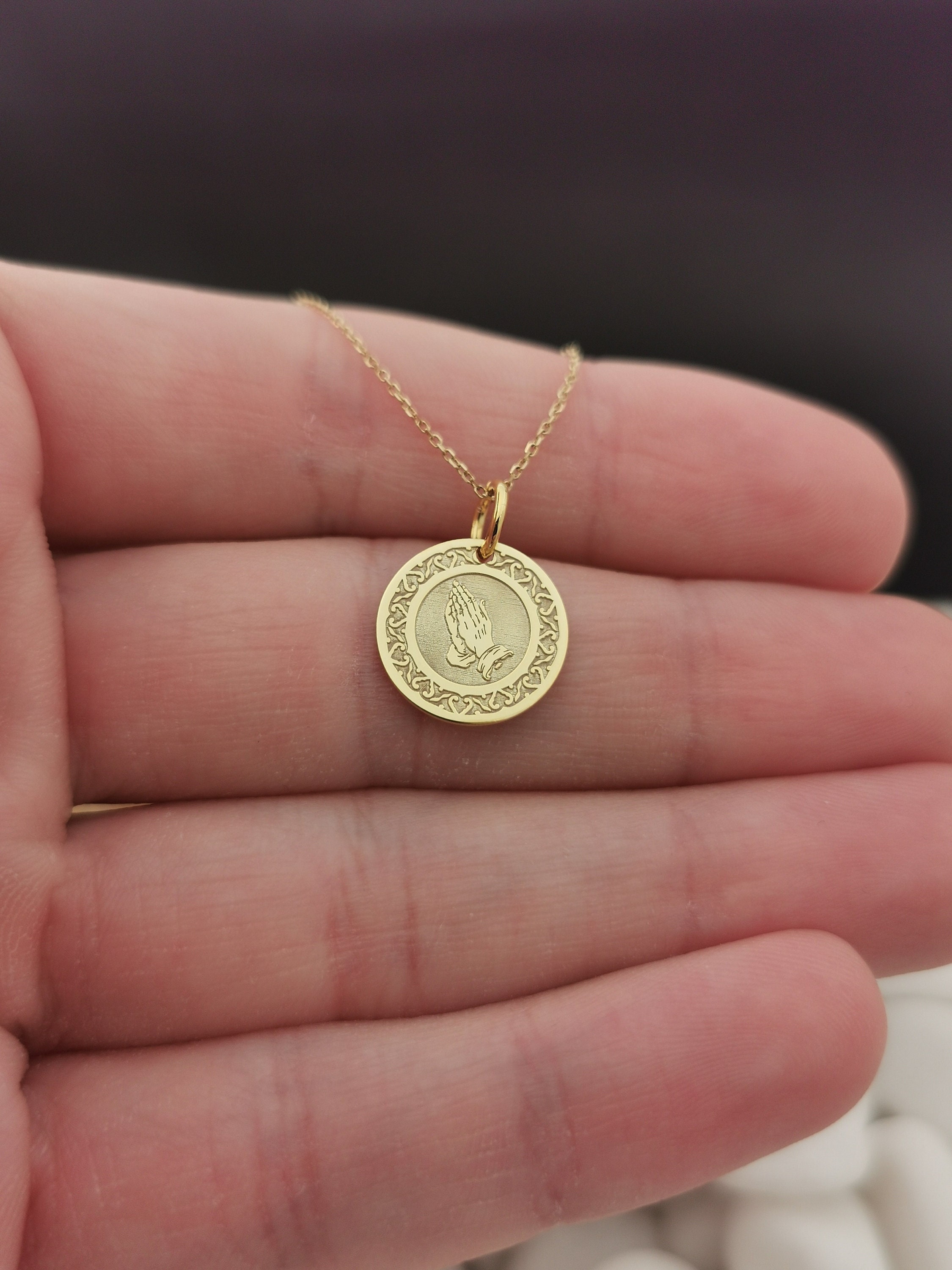 Dainty 14k Solid Gold Praying Hands Pendant Necklace