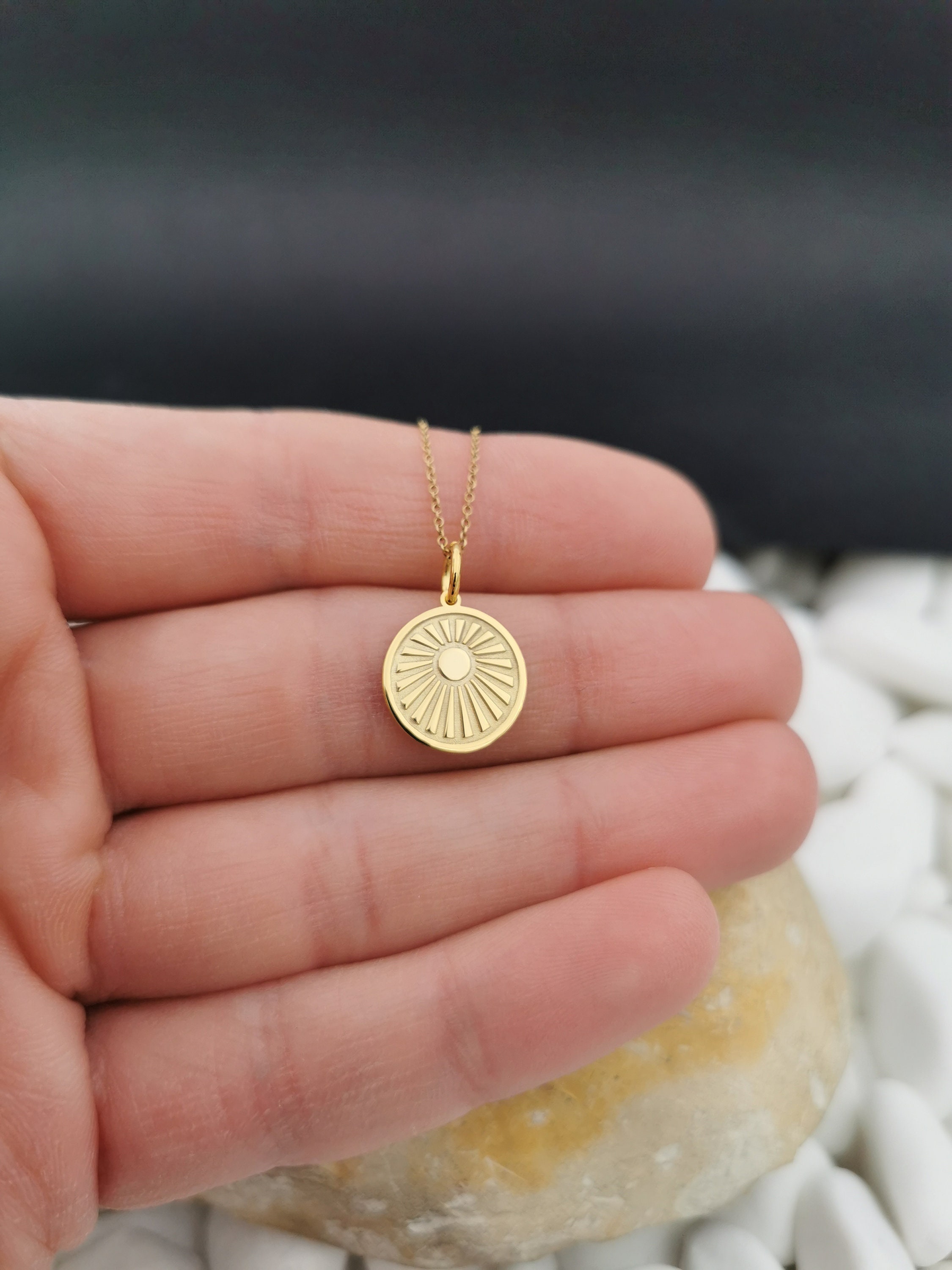 Dainty 14k Solid Gold Sun Necklace Personalized Sun Pendant Etsy