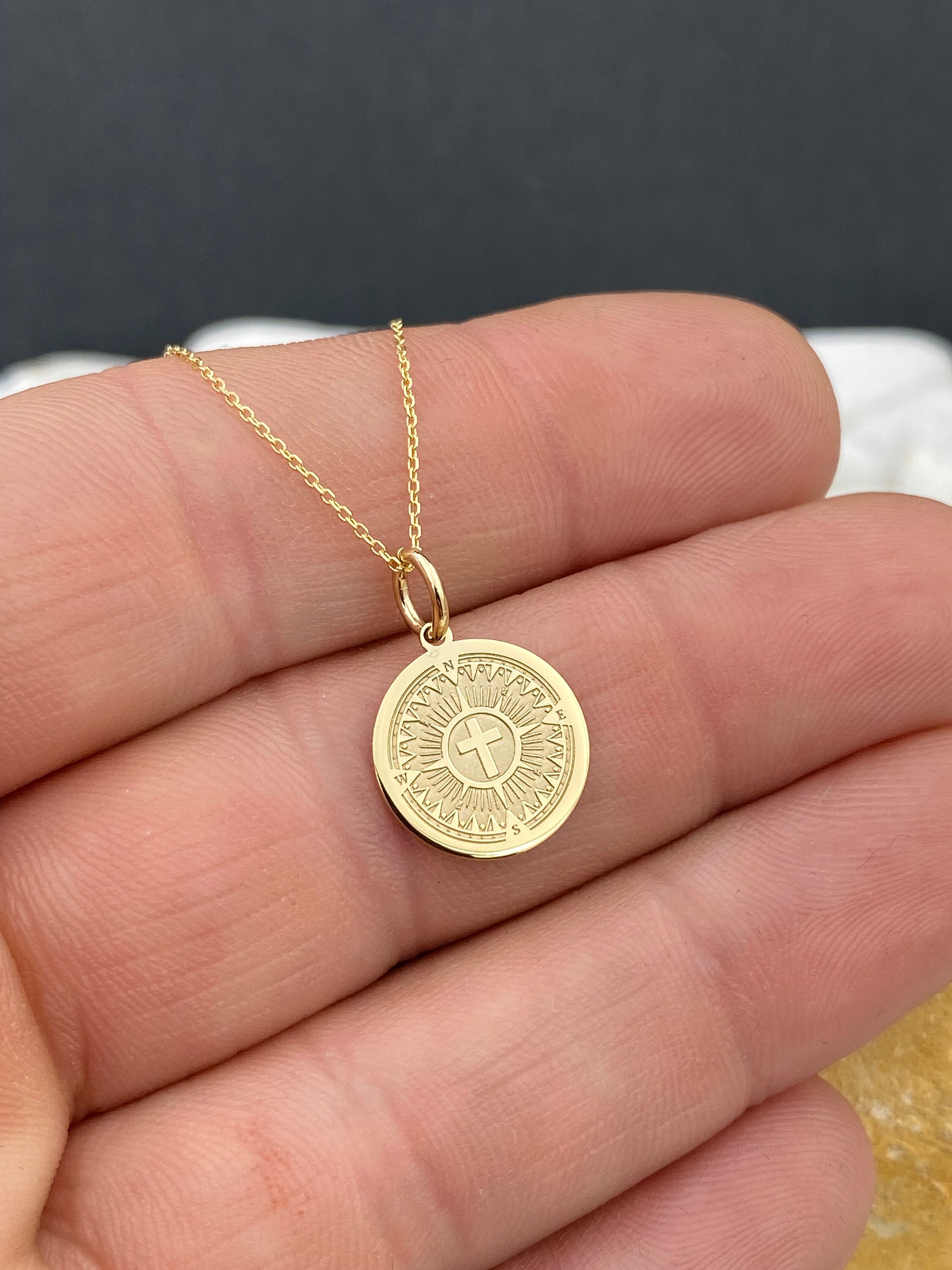 Dainty 14k Solid Gold Cross Compass Pendant, Personalized Compass With ...
