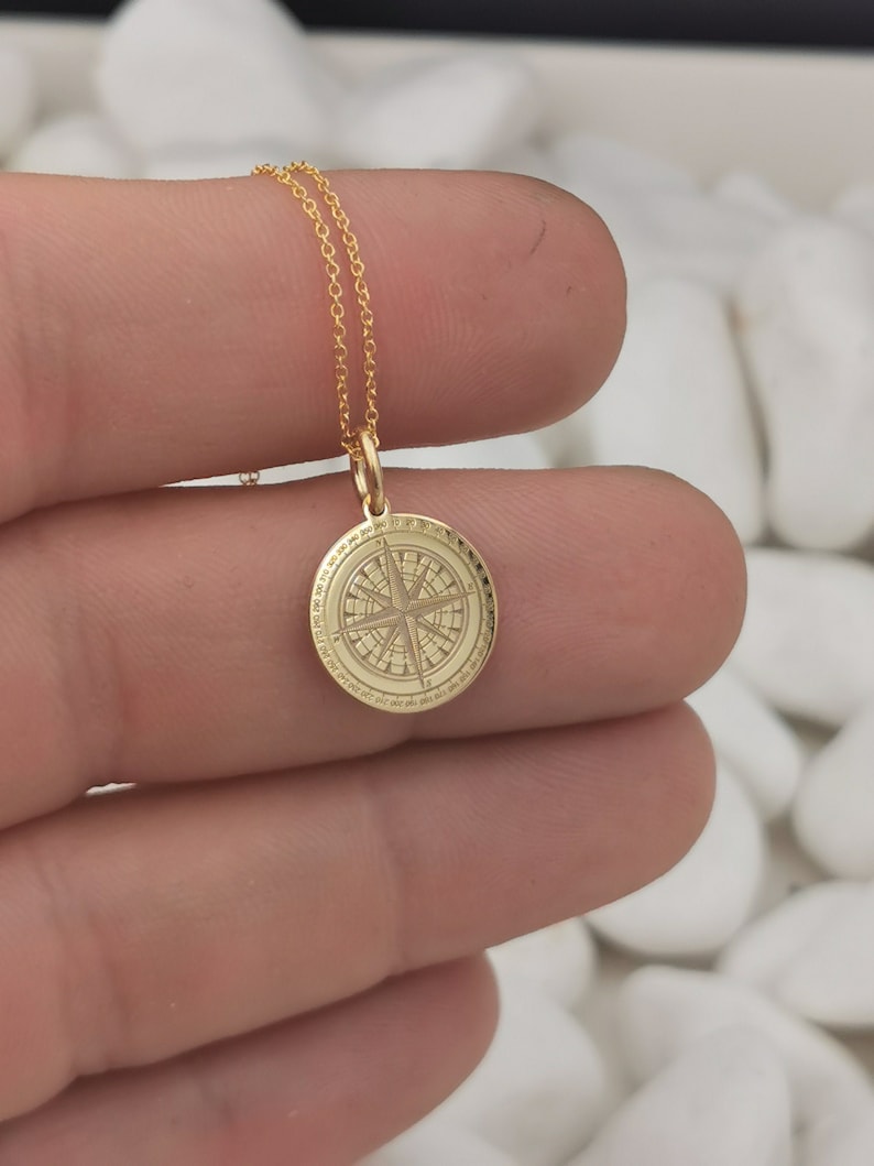 Compass necklace, compass jewelry, 14K solid gold necklace, compass gift, compass charm, personalized compass, custom pendant, traveler gift 