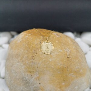 May include: A gold chain necklace with a round pendant featuring a stylized symbol. The pendant is on a light brown rock.