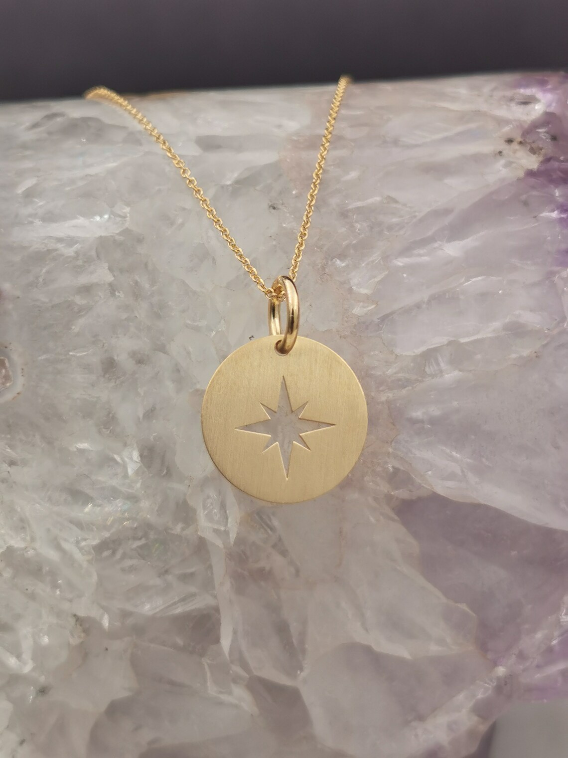 14k Solid Gold North Star Necklace Dainty True North Pendant Etsy