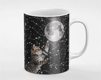 Cute Kitten Reaching Moon Space Ceramic Coffee Tea Mug Gift For Him / Her Friend / Coworker | MUG271