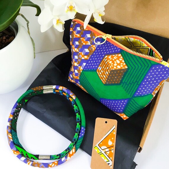 Gift Sets: Comprising of Handmade Multi-way Ankara Necklace and Zip up Fabric Bag in co-ordinating/complementary African Wax Prints.