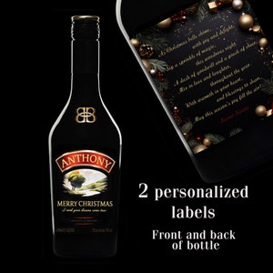 Peut inclure: Deux étiquettes personnalisées pour une bouteille de liqueur irlandaise à la crème. L'étiquette avant présente un motif de Noël festif avec le texte "Joyeux Noël Je souhaite que vos rêves se réalisent". L'étiquette arrière présente un motif sur le thème de Noël avec un poème sur la joie de Noël.