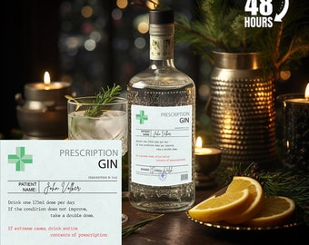 May include: A clear glass bottle of gin with a green cross and the text "Prescription Gin" on the label. The bottle is sitting on a wooden table with a glass of gin, candles, and orange slices.