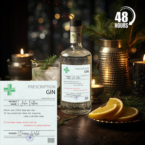 Prescription Gin Label, Personalised Gin Bottle Label, Gin  Stickers, Gifts for Her, Emergency Gin, Birthday Gifts, Joke Gifts, Christmas