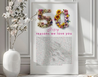 50th Birthday, 50th Birthday Gifts for Women, 50 anniversary, 50 flowers, Custom Birthday Poster, 50th Birthday Idea , best idea for gift