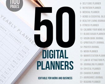 50 editable Canva planner templates, Canva digital planner , editable Canva planner template, products for sale on Etsy, digital product