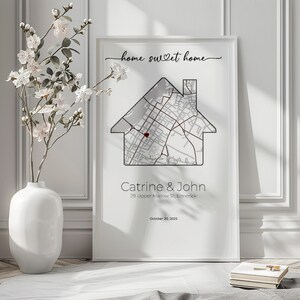 First New Home Gift for Couple House Shaped Map Poster Custom City Map Art Print Frame Canvas Personalized Anniversary Gift for Him Her